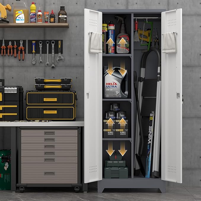 IRONFFICE Metal Storage Cabinet with Lock,65" H Laundry Room Cabinets with Pegboard,Locking Metal Cabinet Heavy Duty for Garage Office,School,Warehouse,Grey-White