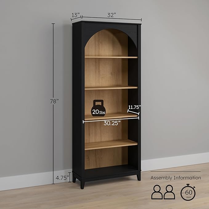 Prepac Ark 78" Tall 5-Tier Arched Bookcase, Black Oak with Oak Finish Interior, Modern Storage Accent Bookshelf with 3 Adjustable Shelves for Home, Office, Living Room, Bedroom