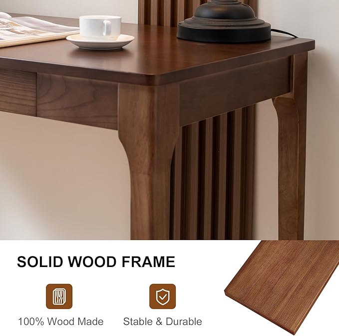 Solid Wood Desk with Drawers, Home Office Desk for Small Spaces, Gaming Work Study Desk, Student PC Desk for Bedroom, Easy to Assemble (Walnut Color, 47.2 inch)