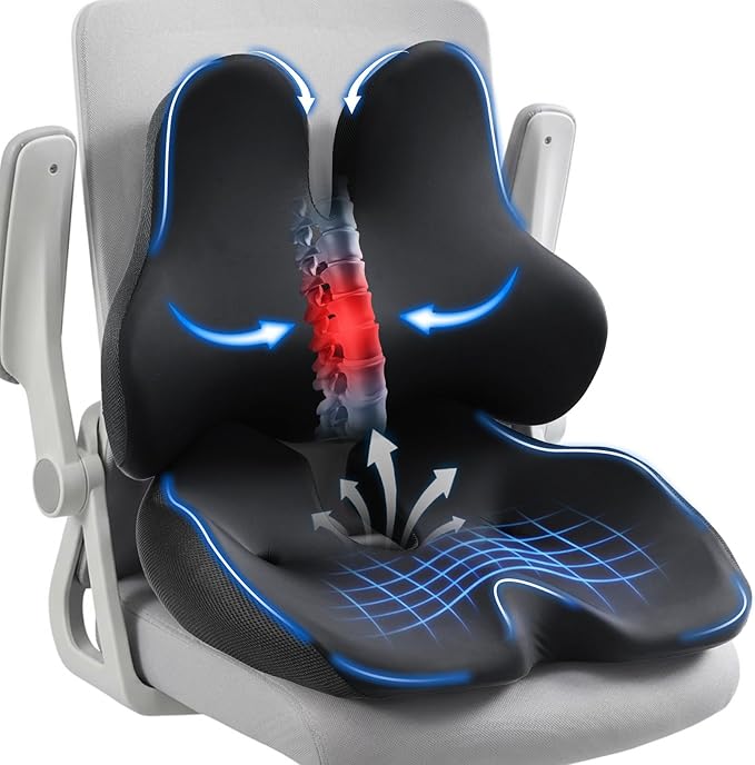 Seat Cushion Lumbar Support Pillow Set for Tailbone & Sciatica Pain Relief, Chair Cushions Back Support with Ergonomic Design Memory Foam XLarge Coccyx Pad for Car, Office, Desk, Wheelchair