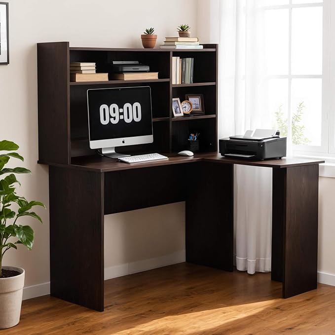 ivinta L Shaped Office Desk with Storage Shelves, 47.2" Modern Corner Computer Desk with Storage hutch for Gaming Writing Study Wrok, Small Home Office Table for Bedroom Living Room, 7194 (Dark Brown)