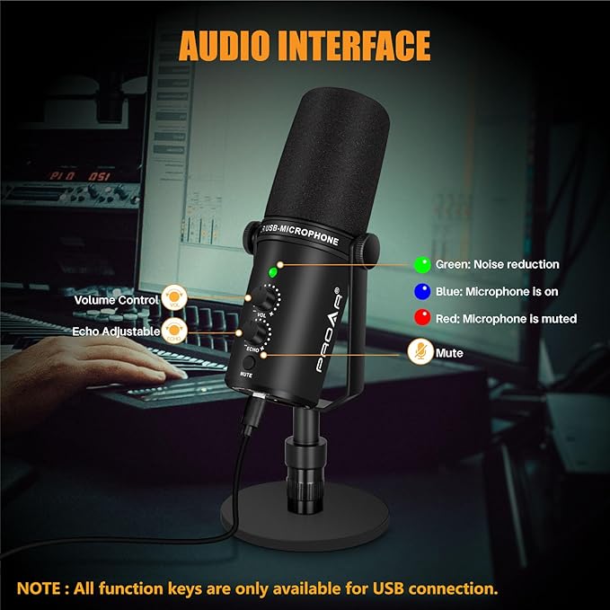 XLR/USB Dynamic Microphone,PC Computer Microphone for Podcasting,Vocal Recording,Live Streaming,Gaming,Voice-Over,All Metal Professional Studio Mic Kit with Noise Cancelling,USB-C Port