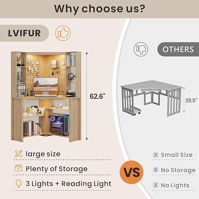Corner Computer Desk with LED Lights, L Shaped Study Desk with Hutch & Shelves, Triangle Home Office Desk with Charging Station for Work & Study, File Cabinet Bookshelf for Small Space (Natural)