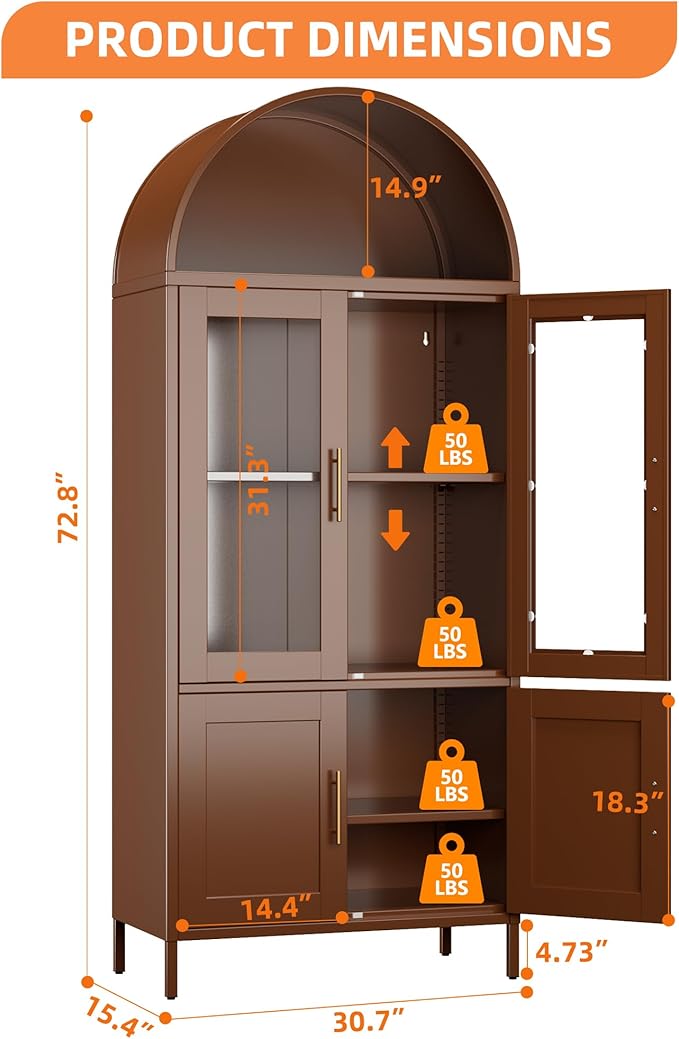 Metal Arched Bookcase Cabinet with 4 Doors,Arched Pantry Cabinet for Home Office Living Room,Required Assembly,Brown