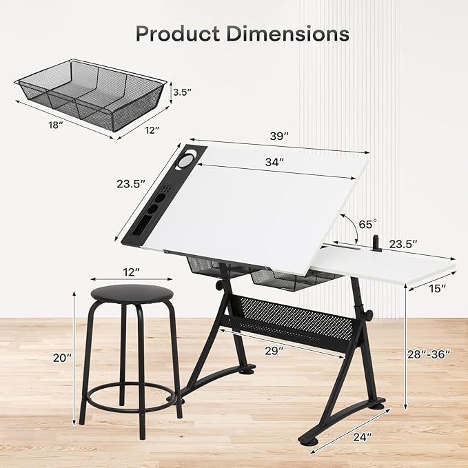Athena Collection Drafting Table for Artists, Height Adjustable Drawing Table, Dual Desktop Art Desk Metal Frame Art Table Tiltable Craft Desk Paintings Work Station with Stool and Drawers, White
