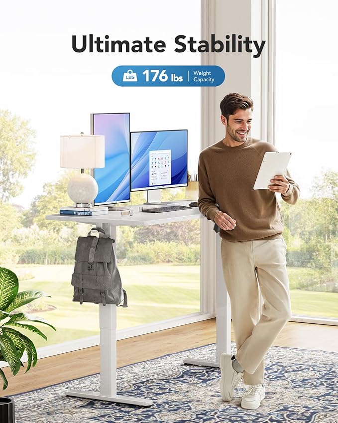 HUANUO Electric Standing Desks, Whole Piece Desktop, Adjustable Height Computer Desk, 4 Height Memory Settings, Sit Stand Up Desk for Home Office, 48" x 30", White