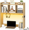 HOOBRO Desktop Bookshelf, Office Desktop Shelf, Desk Hutch with Outlets, Wooden Office Desktop Bookcase, Desktop Organizer Shelf with LED Light Strip and 3 Hooks, for Home, Study, Natural NL12UDSJ01