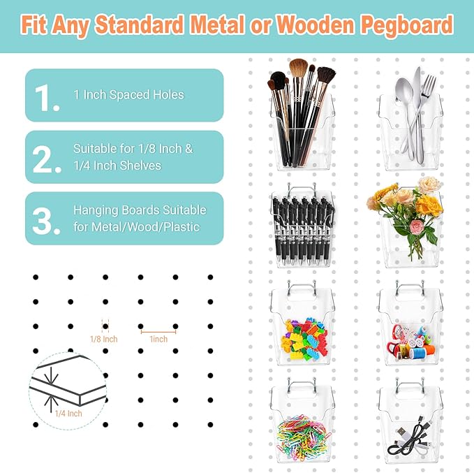 8 Pack Large Pegboard Bins with Hooks, Square Box Shape Peg Board Cups and Peg Board Accessories for Craft Room, Playroom, Office, Garage, and Wall Mount Organization (Transparent)