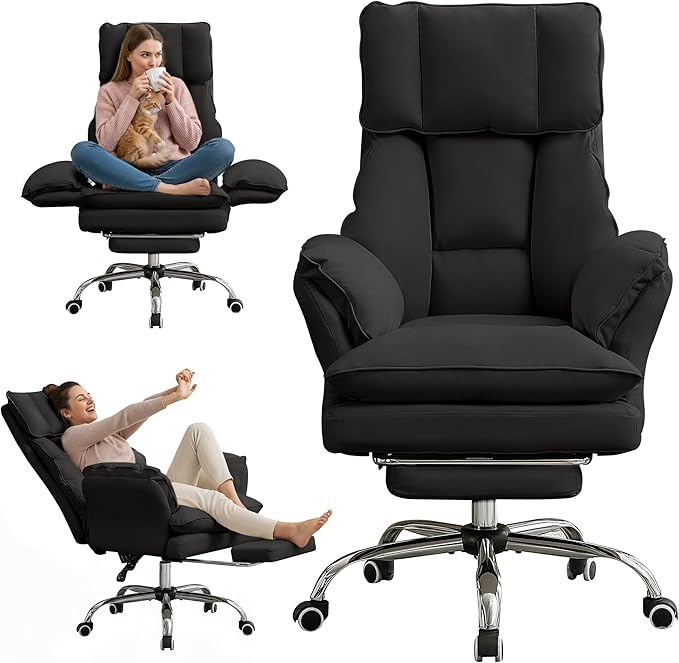 Ergonomic Cloud Cross Legged Office Chair with Footrest,Leather Big and Tall Executive Chair with Wheels,Reversible Armrest,155° Reclining Computer Wide Desk Chair for Home,Office (Black)