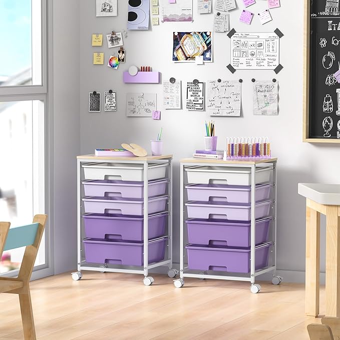 SYKIARIOL Utility Cart with 5 Drawers,Storage Drawer Cart with Wooden Tabletop and Lockable Wheels,Craft Storage Trolley Cart,5-Tier Rolling Utility Cart on Wheels,Purple