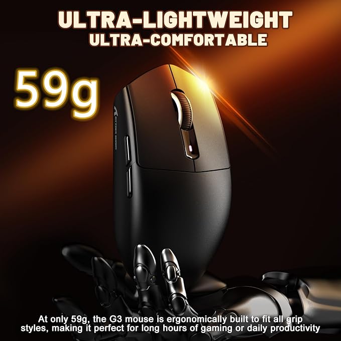 MAMBASNAKE Attack Shark G3 Wireless Gaming Mouse with Tri Mode Wired/2.4Ghz/BT,59g Ultra-Lightweight,25000 DPI,1000 Polling,PixArt PAW3311 Sensor,500mAh Long Battery,Programmable for PC Gamer(Black)