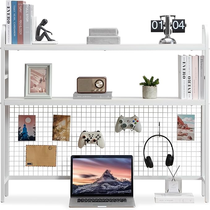 Desktop Hutch Shelf Organizer, 2-Tier Metal & MDF Desk Bookshelf with Grid Panel and Hooks for Office & Dorm (White, 45.3")