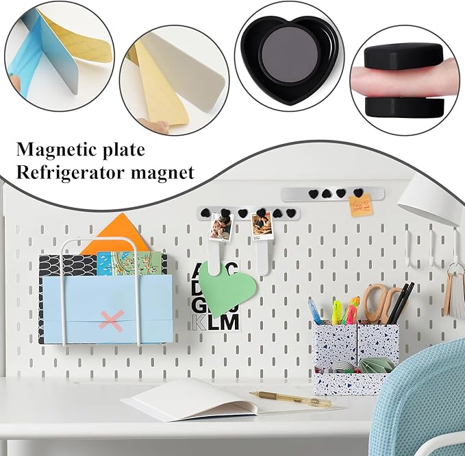 Magnetic Board for Wall, 2Pcs Stainless Iron Magnetic Strips with Adhesive Backing, Magnet Bulletin Board for Wall, Small Memo Board with 10 Black Heart Magnets for Home, Kitchen, Classroom,DIY