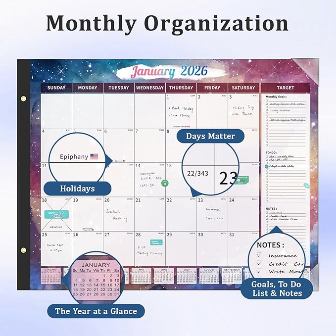 Ospelelf Desk Calendar 2026-2027 Large 22"x17" Monthly Family Planner Pad with Protective Cover 18 Months January 2026 - June 2027 Starry Sky