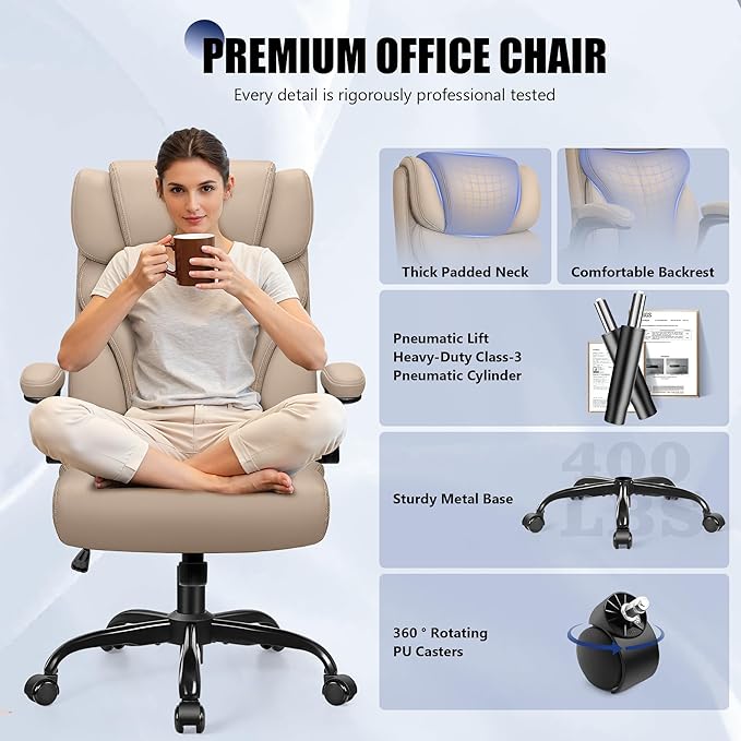 Primy Office Chair, Ergonomic Leather Desk Chair with Flip-up Armrests, Big and Tall High Back Executive Computer & Gaming Chair with Footrest, Comfy Padded, Rocking Function and Lumbar Support(Khaki)