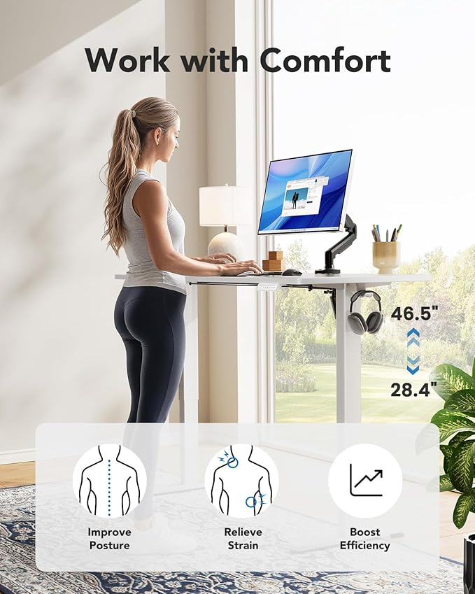 HUANUO Electric Standing Desk, Whole Piece Desktop, Adjustable Height Computer Desk, 4 Height Memory Settings, Sit Stand Up Desk for Home Office, 40" x 24", White