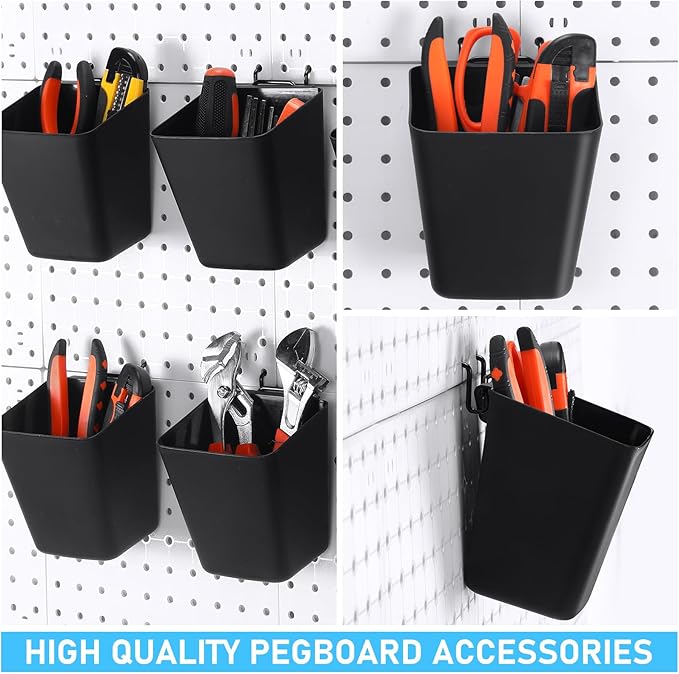 Uiifan 18 Set Pegboard Bins Kit Plastic Pegboard Cups with Metal Hooks Wall Containers Organizer Accessories with Label Stickers for DIY Tools Craft Office Workshop Garage Storage(Black)