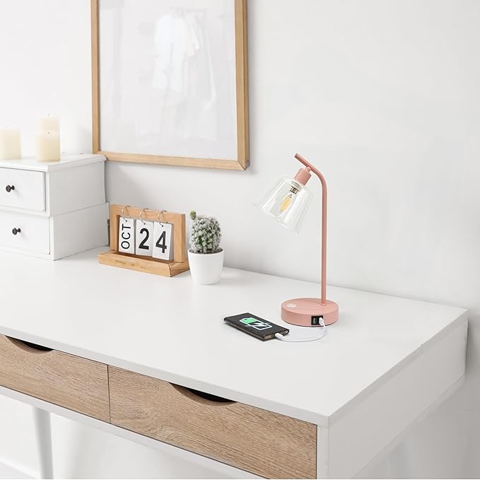 Simple Designs LD1074-BPK 15.75" Sleek Essentials Modern Industrial Netal Desk Lamp with Clear Glass Shade and Dual USB Ports, for Office, Desk, Nightstand, Dorm, Blush Pink