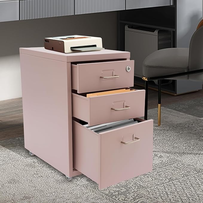 3 Drawer Vertical File Cabinet, Filing Cabinets for Home Office, Metal Vertical File Storage Cabinet with Lock, Locking File Cabinet for Office, Study, Dresser, 11" W x 16" D x 18.3" H, Black (Pink)