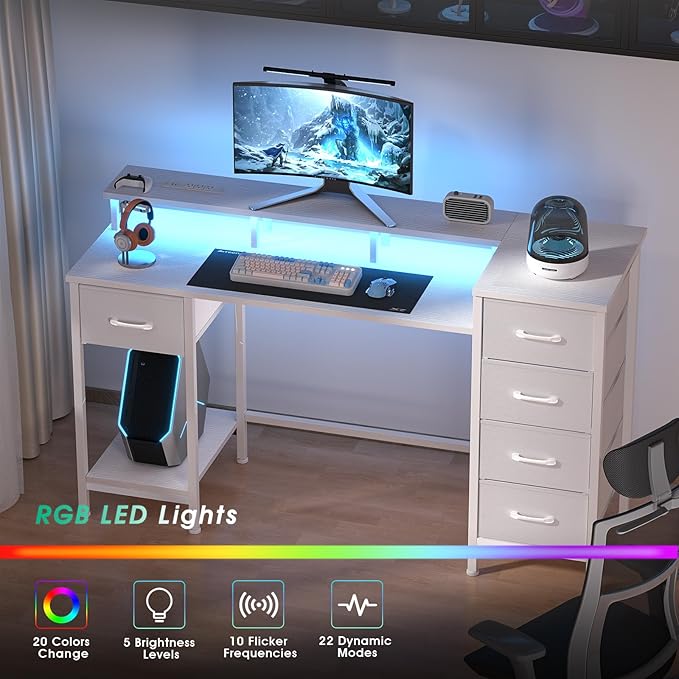 Korfile 55 Inch Gaming Desk with Power Outlets and LED Lights, Reversible Computer Desk with 5 Fabric Storage Drawers, Home Office Desk with Monitor Stand for Working Writing Study, White