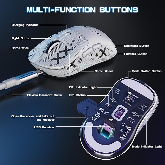 ATTACK SHARK X3MAX Wireless Gaming Mouse,PixArt PAW3950 Gaming Sensor,Up to 42K DPI,100 Million Micro,49g Lightweight Tri-Mode(BT5.2/2.4Ghz/Wired) Mice with Coiled Cable-White&Tape