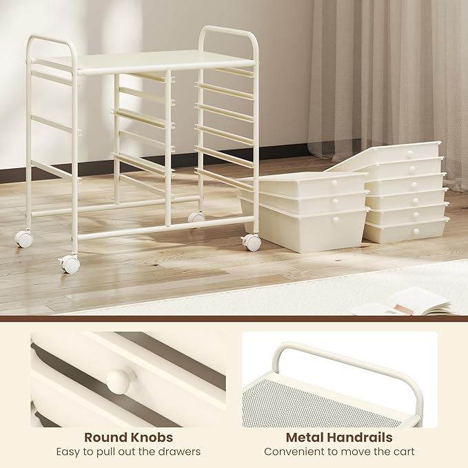 Moccha 9-Drawer Rolling Storage Cart - Under Desk Storage Drawers with wheels for Craft Art Supply Paper Salon, Scrapbook Paper Tools, Mobile Utility Cart for Classroom, White