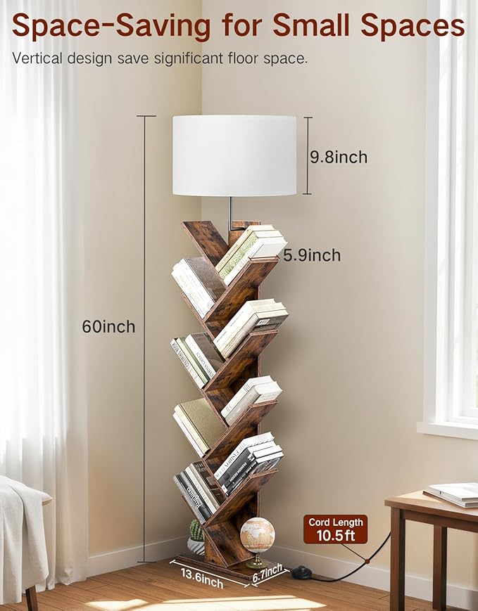 9 Tier Tree Bookshelf with Light, Remote & Timer, Modern Tall Floor Standing Book Shelf, Narrow Wood Bookcase, Small Book Organizer Shelves for Living Room, Bedroom, Office