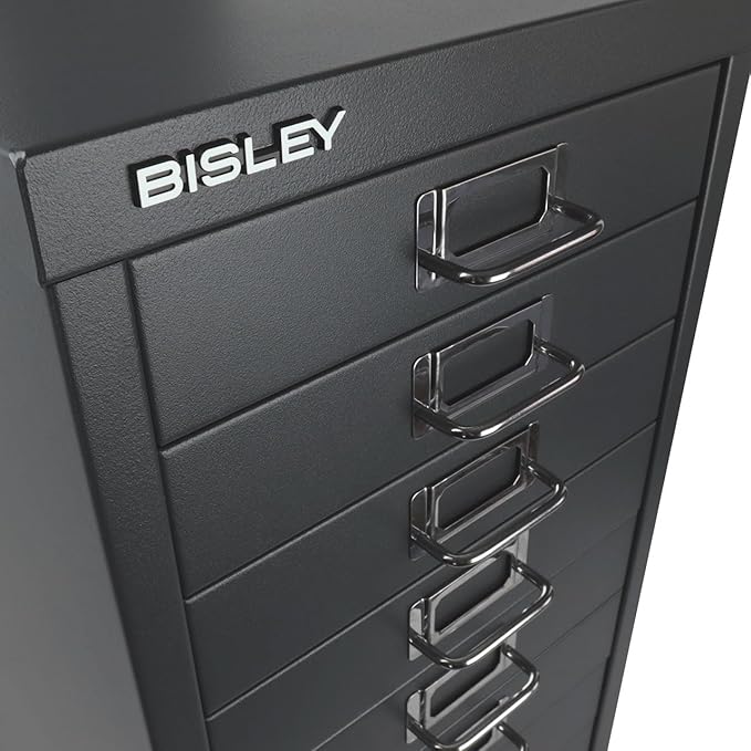 Bisley 10-Drawer Steel MultiDrawer Cabinet - Anthracite Grey, Chrome Pull Handles with Label Holders, Powder-Coated Steel, Removable Drawers, Fits Under Most Desks, Labels Included
