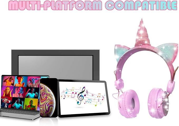 Unicorn Wireless Headphones for Kids,Cat Ear Bluetooth 5.0 Over Ear Headphones with Microphone for Cellphone/iPad/Laptop/PC/TV/PS4/Xbox One, Foldable Gaming Headset for Girls Teens Gift (pink)