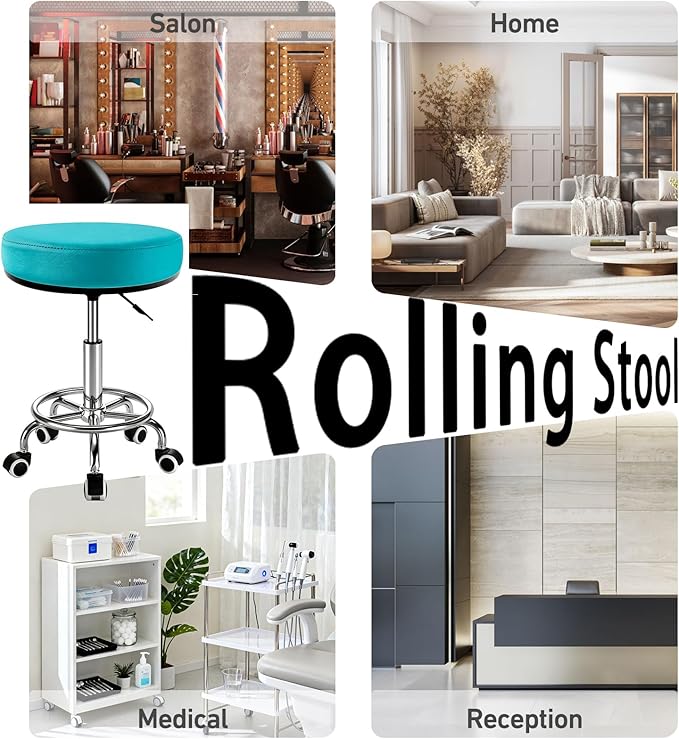 Heavy Duty Round Rolling Stool 500lb, PU Leather 360-degree Support Full-Edge Cover Layer Drafting Chair with Wheels, Height Adjustable Swivel Stool with Footrest, 5-min Easy Assembly (Blue)