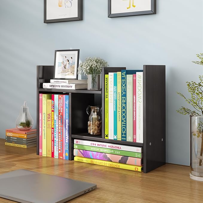 YSJILIDE Wood Adjustable Small Desktop Bookshelf, Expandable Storage Rack, Display Shelf, Office Supplies Organizer (Black)
