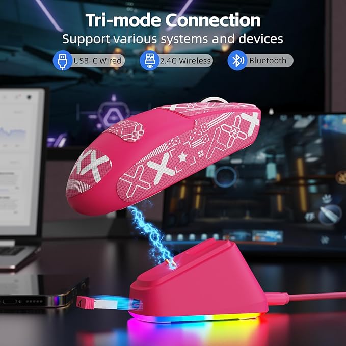 ATTACK SHARK G3PRO Wireless Gaming Mouse with RGB Charging Dock,2.4G/USB-C Wired/BT PAW3311 Optical Sensor 1K Polling Rate Adjustable 25K DPI,500mAh Battery Ultra Lightweight 59g Mice (Red&Griptape)
