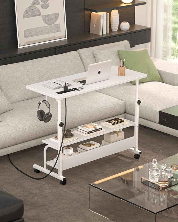 Armocity Rolling Standing Desk with Power Outlets, 32" Manual Height Adjustable Mobile Computer Desk with Wheels, Small Portable Sit Stand Laptop Couch Table for Bed & Sofa Home Office, Whtie