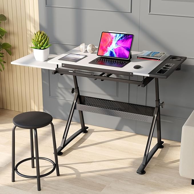 OS MOTOR Adjustable Height Drafting Table with Wood Top, Art Craft Desk with Slide-Out Drawers, Storage, for Drawing, Writing, Painting, and Creative Tasks, Ideal for Home Office, White