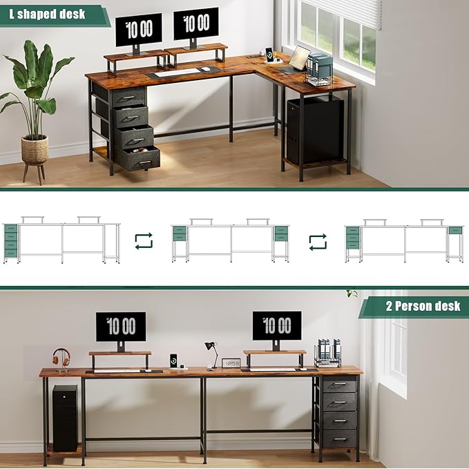 Korfile 66" L Shaped Computer Desk with Power Outlets, Home Office Desk with 4 Adjustable Storage Drawers & 2 Monitor Stands, Large Two Person Gaming Table for Writing Study, Rustic Brown
