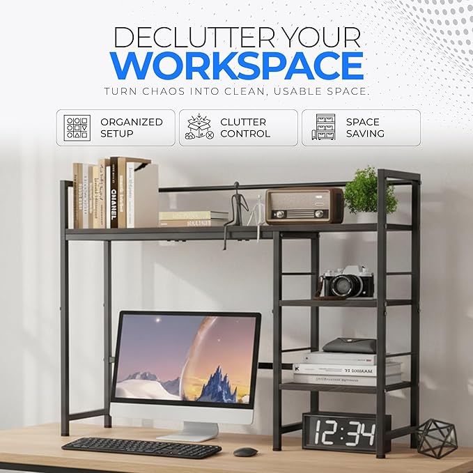 Desk Shelf Storage, 38 Inch, 4-Tier Wood Bookshelf Organizer, Computer Desk Hutch – Black, Desktop Bookshelf Organizer Shelf for Desk for Dorm Workspace and Home Office Use