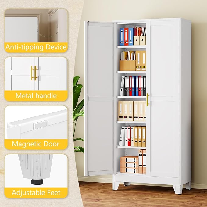 PAOFIN 75" Metal Storage Cabinet with 2 Doors and 5 Adjustable Shelves,White Metal Garage Storage Cabinets, File Cabinet,Steel Tool Cabinets for Home,Office,Garage,School,Warehouse