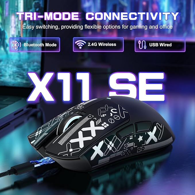 ATTACK SHARK X11SE Ultra-Light Wireless Gaming Mouse,22000 DPI,Tri-Modes BT5.2/Type-C Wired/2.4G,PixArt PAW3311 Gaming Sensor,5 Programmable Buttons for Laptop,PC,Mac Gamer(Black&Sticker)