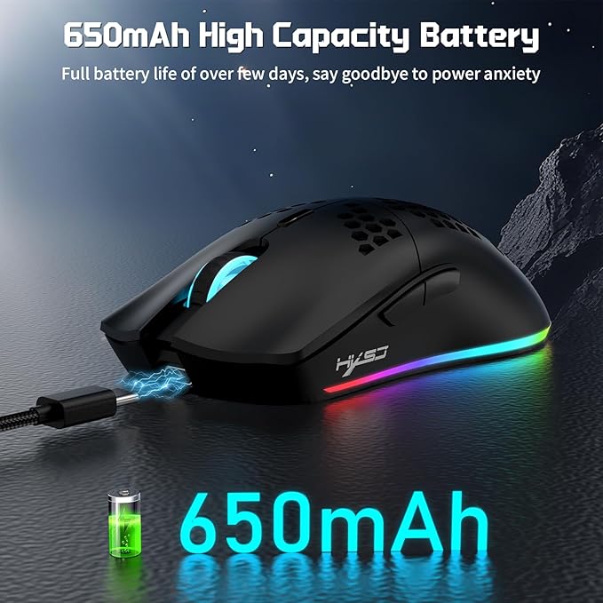 FREEWOLF X HXSJ T66 Wireless Gaming Mouse Tri-Mode Superlight Honeycomb Design PAW3212 3600DPI Sensor 1000Hz Polling Rate Bluetooth/2.4Ghz/Wired Ergonomic PC Mice RGB Light Programmable Buttons-Black