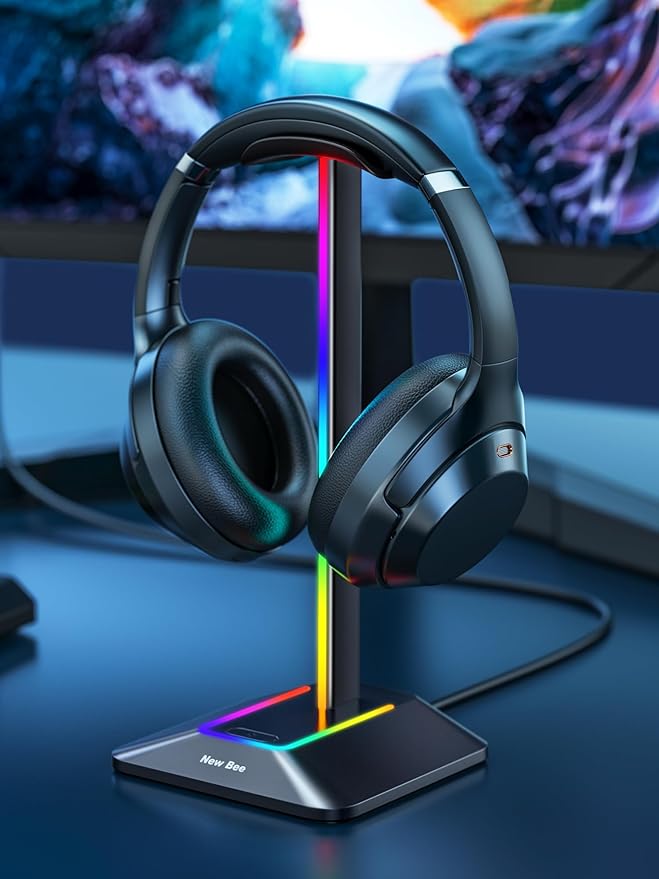 New bee RGB Headphone Stand Desk Gaming Headset Holder with 7 Light Modes and Non-Slip Rubber Base Suitable for All Earphone Accessories(Black)