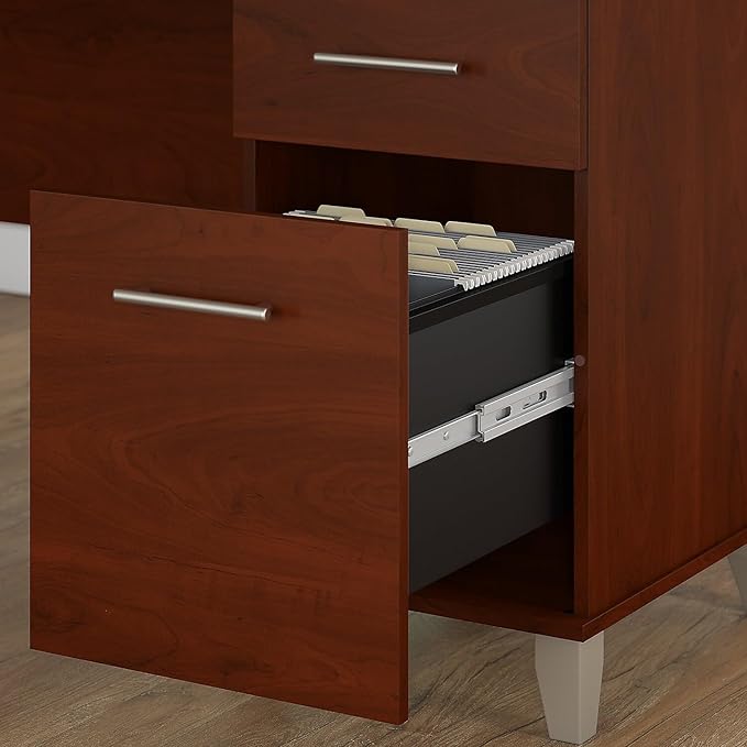 Bush Home Somerset 60W L Shaped Desk with Hutch and 5 Shelf Bookcase in Hansen Cherry