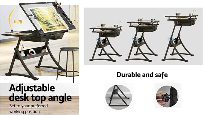 Glass Drafting Table Art Desk – Adjustable Professhional Artwork Drawing Drafting Table Desk, Glass-Topped Art Table for Craft Station Studio Home Office School w/Drawers (Black)