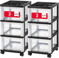 IRIS USA Plastic Drawer Storage Organizer Rolling Cart, 2-Pack, with Wheels Casters, 3-Drawers, for Classroom Art Craft Supplies Dresser Closet Bathroom Laundry Room, Black/Clear