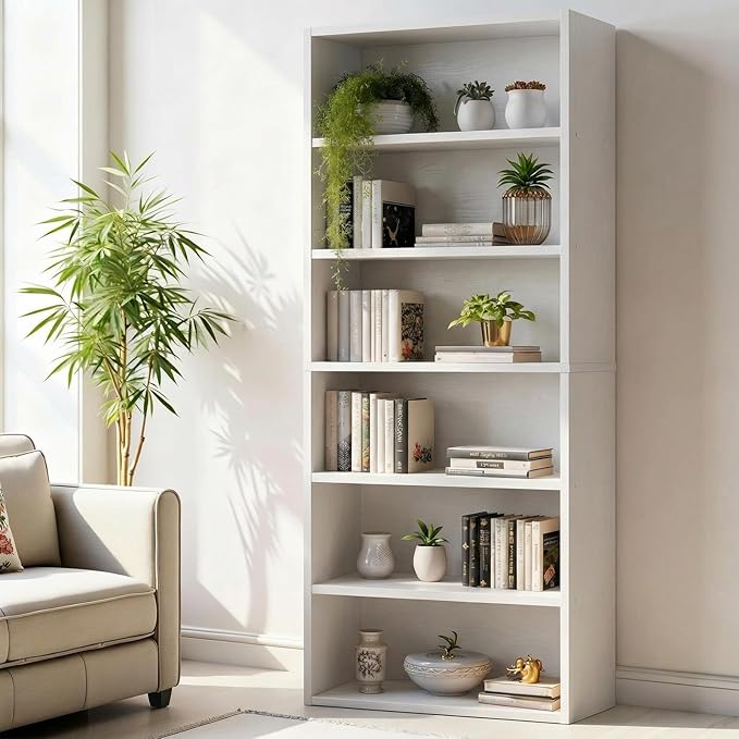 Sweetcrispy Industrial 6 Shelf Bookcase - Large 63 Inch Tall Floor Standing Open Bookshelf for Home Office, Living Room, and Bedroom Storage, Classic White
