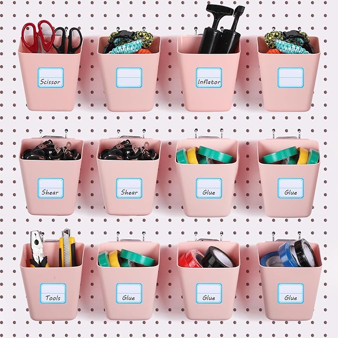 Namalu 12 Pack Pegboard Storage Bins with Labels and Hooks Bulk Peg Board Organizer Accessories Hanging Cup Organizer Pegboard Cup Holder (Pink)