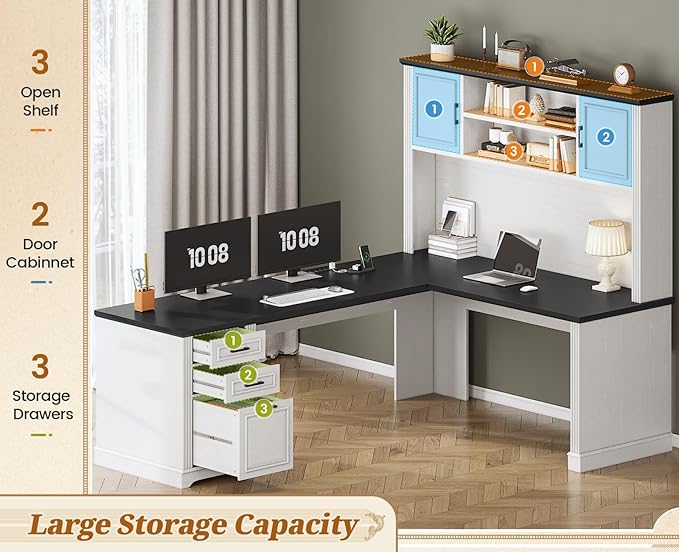 SEDETA Farmhouse L Shaped Desk with Hutch and 3 Drawers, 68.9" Executive Office Desk with File Drawer and Power Outlet, Corner Computer Desk with Storage Shelves for Home Office, White
