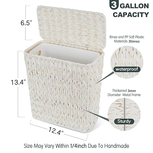 Coeusy Wicker Trash Can with Lid and Liner,Boho Decotative Small Bathroom Trash Cans,Waterproof Slim Waste Basket for Bedroom,Home Office,3 Gallon Cream White