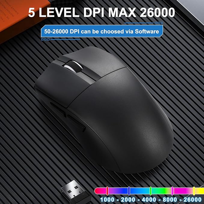 HUO JI E-YOOSO Wireless Gaming Mouse, 49g Superlight, Bluetooth 5.1/2.4G/Wired, 26,000 DPI, 5 Programmable Buttons, 150 Hr Rechargeable Battery, Software Support for PC, Mac, Black