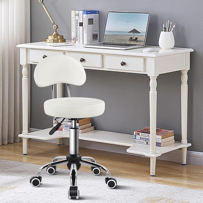 KKTONER Rolling Stool with Mid Back Height Adjustable Chair PU Leather Swivel Chair with Wheels for Office Home Task Drafting (White)