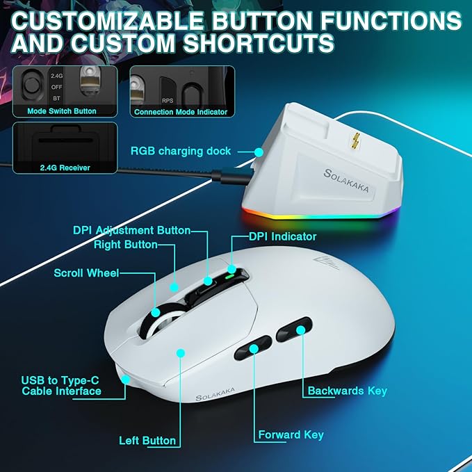 SOLAKAKA SM820 Wireless Gaming Mouse with RGB Charging Dock,24000 DPI Tri-Modes Wireless Mouse with 2 Side Buttons,Programmable Macro Mouse for Gaming(White)